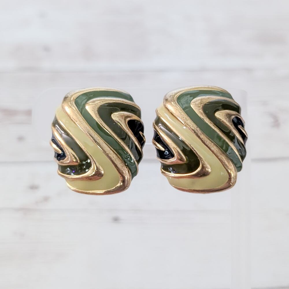 Vintage Clip On Earrings Large Statement Green Black, Gold Tone